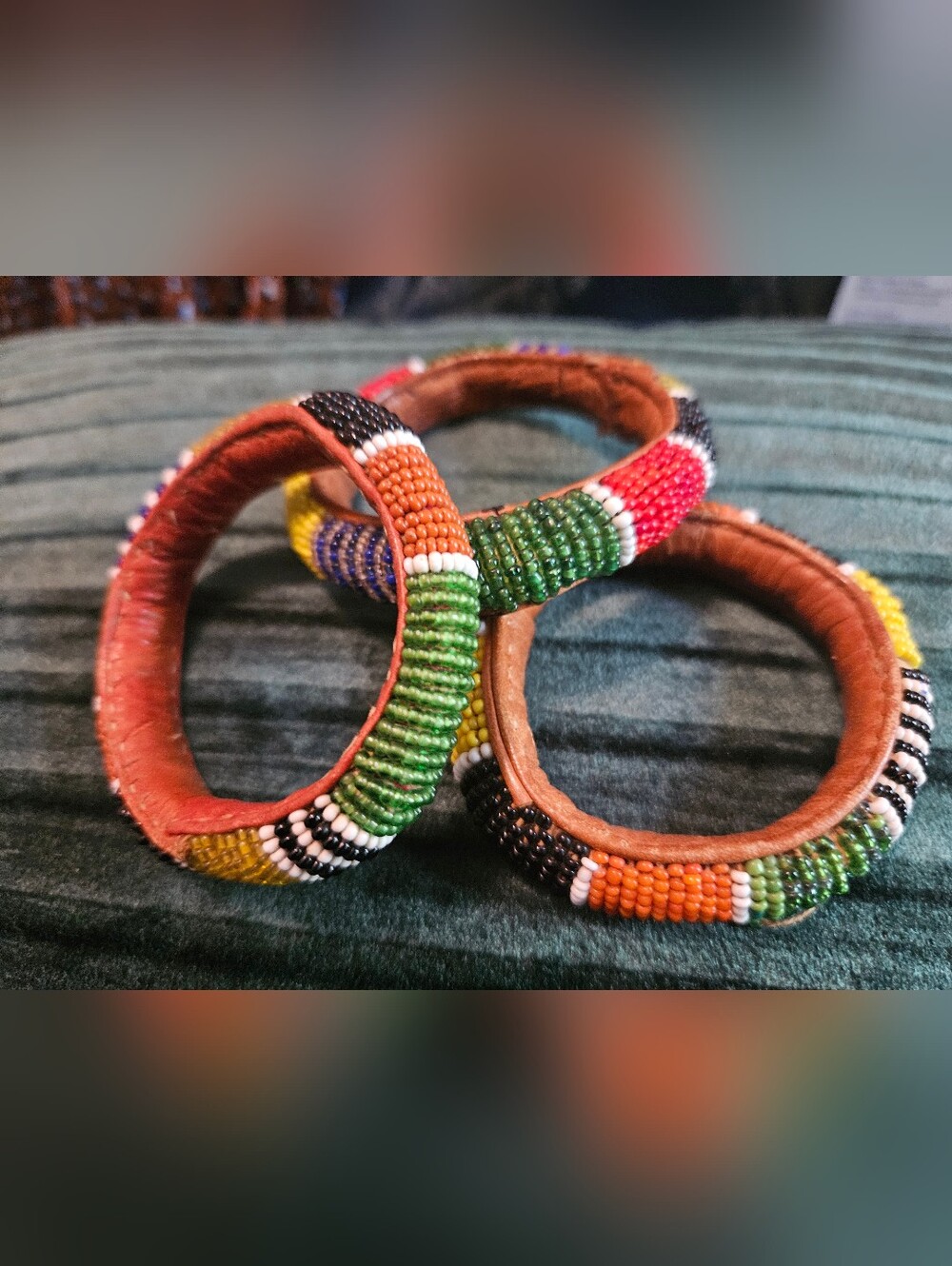 Set of 3 *Vintage * Handcrafted Beaded & Leather African Bracelets or Hair Wrap